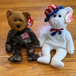 Ty Beanie Babies Hero Brown Camouflage Bear and Benjamin White Patriotic Bear